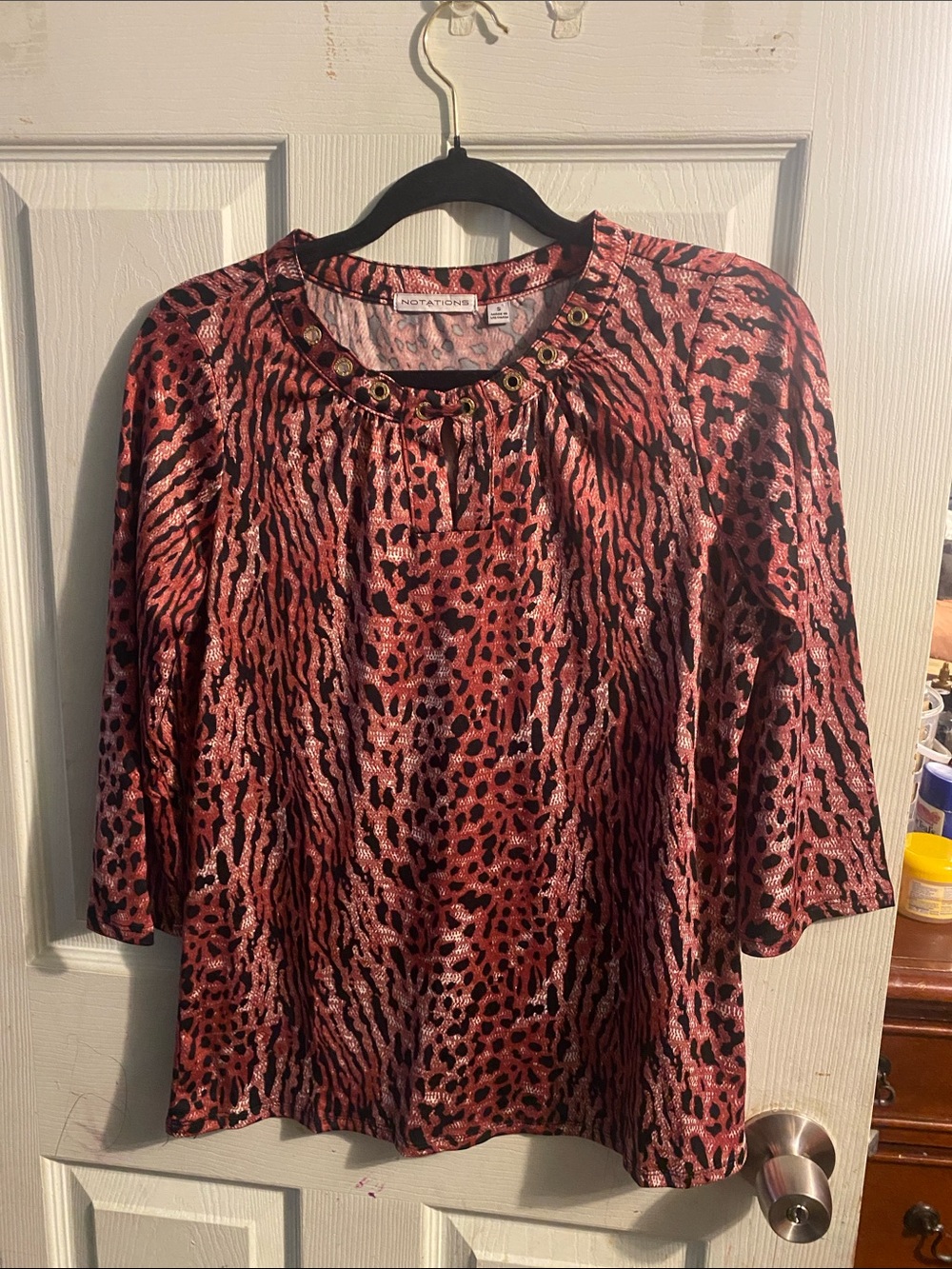 Notations Pink Animal-Print Jewel Neck Blouse